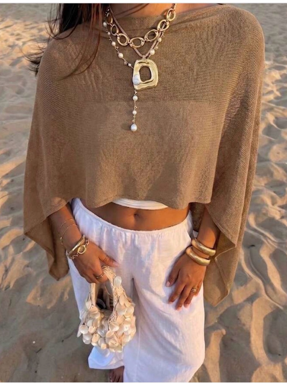 Lightweight Cropped Poncho Sweater - Taupe